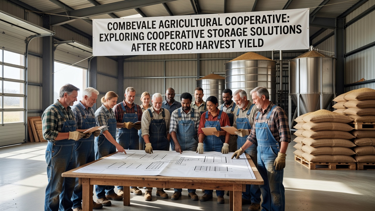 Farmers inspecting grain silos during a cooperative planning meeting in Combevale