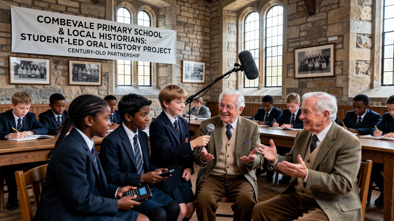Combevale students reviewing oral history recordings with a local historian