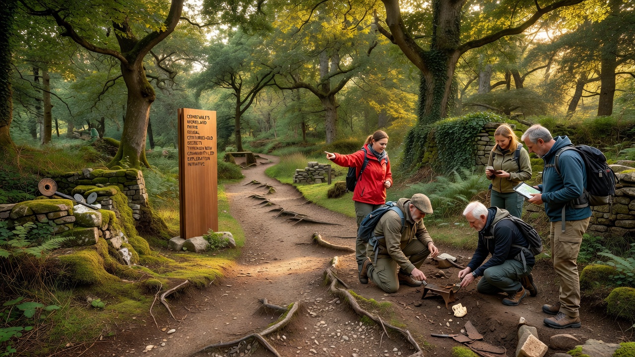 Volunteers examining exposed stonework along a Combevale woodland trail during a community survey session